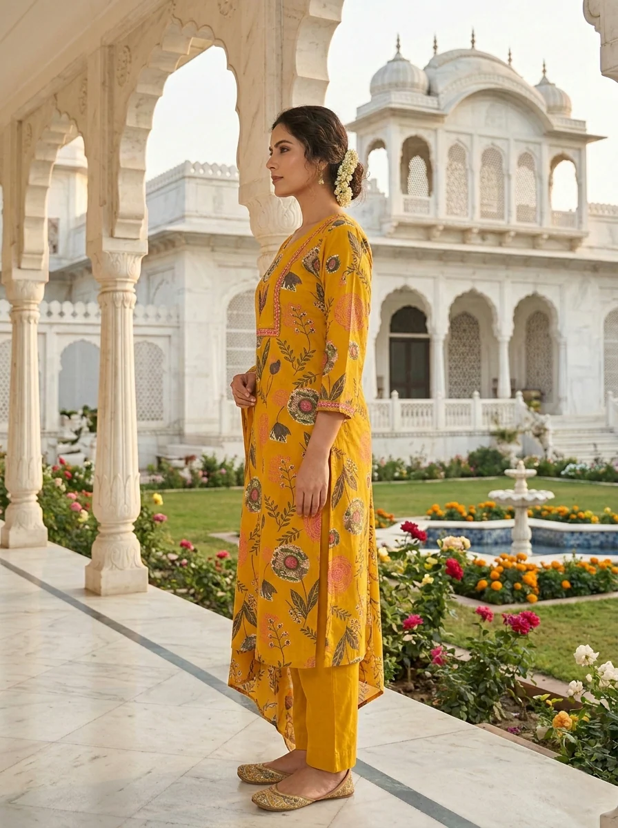 Mustard Cotton Floral Printed Three Piece Set - Image 3