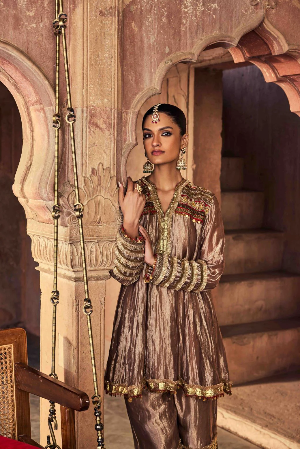Neerus Brown Embroidery Tissue Fabric Kurti and Plazzo with Dupatta - Image 4