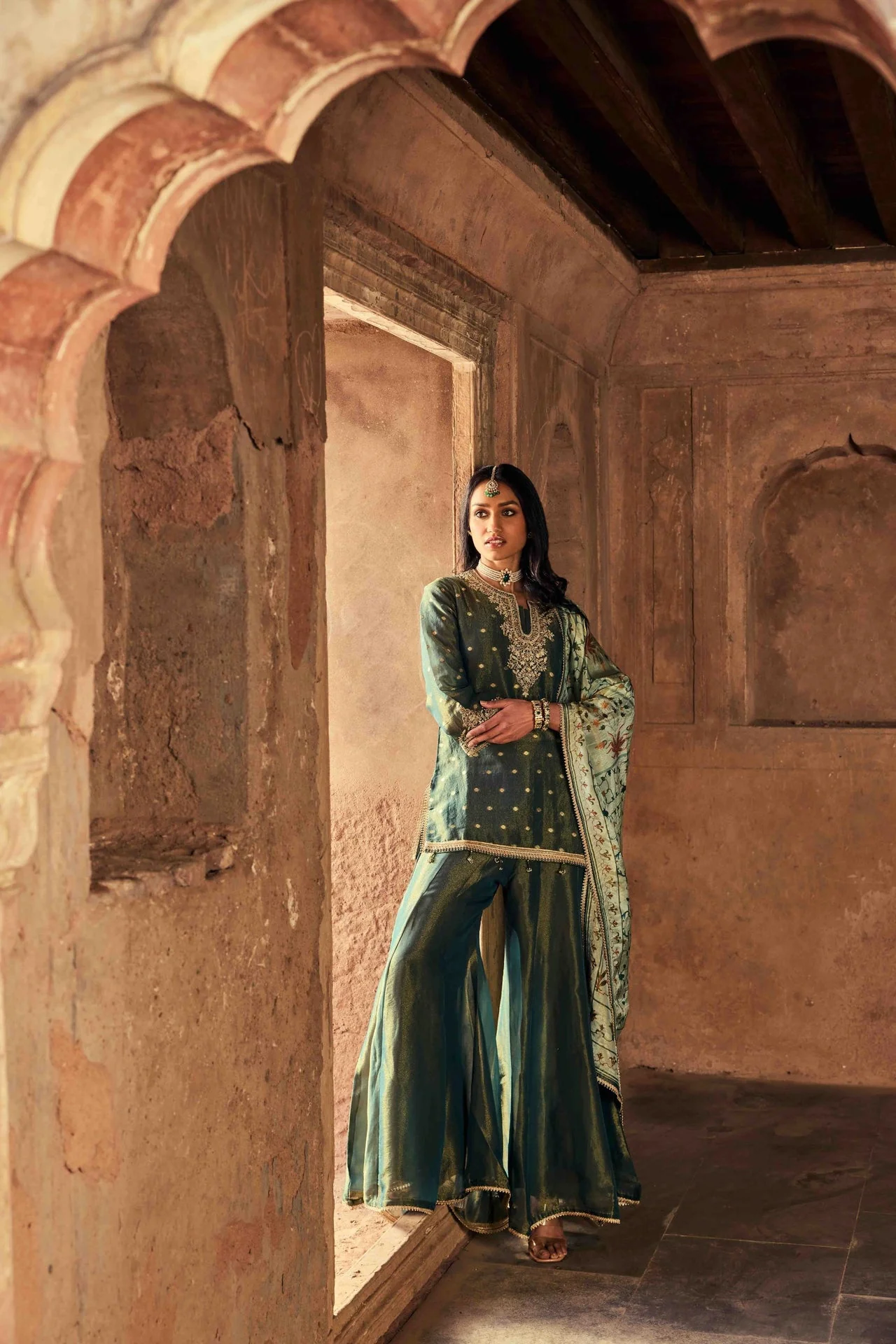 Neerus Green Embroidery Tissue Fabric Kurti and Palazzo with Dupatta - Image 3